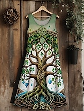 billige Boho-kjoler-dame livets tre merkabah midikjole sommerkjole A-linjekjole ferie avslappet bohemsk bryllupsfest ute standard passform blomsterprint grafisk blad ermeløs U-hals blå mørkegrønn lilla grønn sommer
