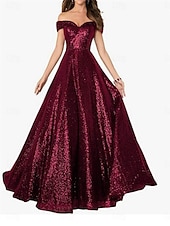 A-Line Evening Gown Elegant Dress Formal Performance Floor Length Short Sleeve Off Shoulder Sequined Backless with Pleats cheap Long Dresses & Gowns-A-Line Evening Gown Elegant Dress Formal Performance Floor Length Short Sleeve Off Shoulder Sequined Backless with Pleats