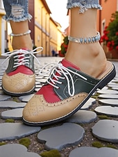 abordables Women's Clogs &amp; Mules-Women's 1950s Vintage Colorblock Wingtip Mule Oxford Shoes - Yellow Blue Slip-On Lace-Up Flats for Casual Street Style, Outings and Weekend Travel