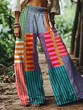 abordables jambe large et taille haute-Femmes Culottes Jambe Large Jambe large Chinos Vacances ancien Style Ethnique Longueur complète Taille haute Graphique Dégradé Rayé Séchage Rapide Respirabilité Doux Non Elastique Formel Extérieur