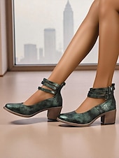 baratos Block Heels-Sapatos femininos verdes de couro sintético com estampa de crocodilo e tira no tornozelo, salto grosso - sapatos Mary Jane retrô confortáveis para caminhar, para o escritório, roupas do dia a dia e