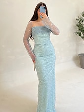 billige champagne-Paljett A-linje aftenkjole elegant kjole formell bryllupsgjest gulvlang langermet hals champagnefarget kjole til brudens mor sateng med glitterspalte 2025