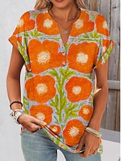 abordables T-shirt floral-Femmes T-shirt Fleuri Graphique Plantes ancien Élégant Classique Manche Courte Col en V Encolure en V Hauts Réguliers Quotidien Sortir Week-end Imprimé Orange Été Printemps