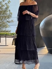 abordables Robes en chiffon-Femmes Robe Midi Robe de Cocktail Robe d'invité de mariage Mousseline de Soie Robe en Chiffon Élégant Mode Moderne Extérieur Vacances Coupe régulière Uni Demi Manches Épaules Dénudées Noir Blanche