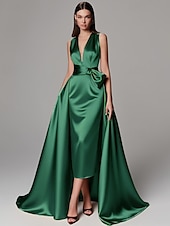 ieftine Rochii de Seară-Rochie de seară elegantă, verde auriu, în linie A, rochie formală de nuntă, lungime până la podea, fără mâneci, decolteu în V, culoarea șampanie, rochie de seară pentru mama miresei, satin elastic cu