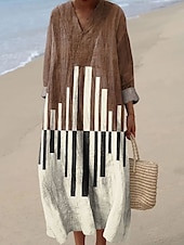 ieftine Rochii cu dungi și geometrice-Pentru femei Rochii Midi Rochie de Vară Rochie A line Vacanță Casual Boho Petrecere Plajă Potrivire Largă Grafic Geometric Manșon Lung În V Alb Albastru piscină Portocaliu Maro Vară Primăvară Toamnă