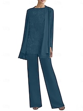 abordables Moins de 129,99 $-Tailleur-pantalon trois pièces robe mère de la mariée élégante col rond longueur sol polyester manches longues avec perles