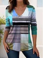 billige Stripe og geometrisk t-skjorte-Dame T skjorte Grafisk Geometrisk Årgang Stilfull Klassisk Langermet V-hals Vanlige topper Daglig Trykt mønster Rosa Blå Oransje Grønn Vår Høst