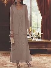 billiga Med jacka-Strandbröllop tvådelad kroppsnära brudmods klänning bröllopsgäst elegant glittra  glänsa V-hals ankel längd chiffon pälssmyckad lång ärm med paljetter skräddarsydd storlek