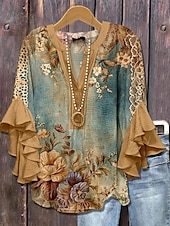 preiswerte Blumenoberteile-Damenbluse V-Ausschnitt Floral Grafik Elegant Bohemia Ethnisch 3/4-Ärmel Reguläre Oberteile Alltag Urlaub Freizeit Rüsche Print Königsblau Blau Helllila Khaki Sommer Frühling Herbst