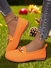 abordables Chaussures sans lacet et mocassins femme-Mocassins Flyknit orange à bout large pour femme – chaussures plates décontractées, confortables et respirantes avec chaîne en métal, idéales pour le shopping, le travail et les promenades dans le jardin
