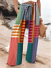 abordables jambe large et taille haute-Femmes Culottes Jambe Large Jambe large Chinos Vacances ancien Style Ethnique Longueur complète Taille haute Graphique Dégradé Rayé Séchage Rapide Respirabilité Doux Non Elastique Formel Extérieur