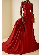 preiswerte Empire-Waist-Abendkleider-Hohe Mode Abendkleid Schwarz-Tie Meerjungfrau  Trompeten Abendkleid Elegantes Kleid Formelle Hochzeit Gericht Zug Ärmellos Off-Shoulder Satin mit Falten Raffung