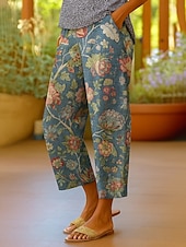 billige Straight-Leg Bukser-Dame kinesisk Shorts Avskårede bukser Elegant Ferie Årgang Ankel-lengde Høy Midje Blomstret Grafisk Stripet Multi Layer Uelastisk utendørs Gate Daglig Sjø blå Blå Sommer Vår Normal