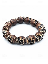 baratos Acessórios de Halloween-Pulseira masculina de contas de caveira de Halloween – pulseira punk gótica de resina elástica para festas, cosplay e fantasias