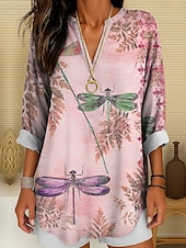 abordables Animaux Tops-Femmes Chemisier Graphique Animal Libellule ancien Tropical Quotidien manche longue Col en V Hauts Longs Quotidien Fête Tenue de plage Imprimé Champagne Rose Claire Bleu Violet Vert Été Printemps