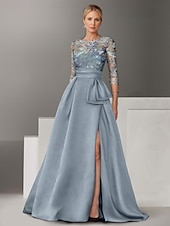 ieftine verde-Rochie de seară A-Line brodată cu flori verzi rochie elegantă invitație formală la nuntă lungime de podea mânecă ¾ guler cu cămașă satin cu fundiță fante