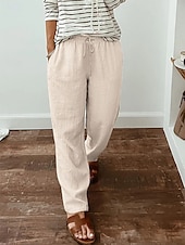 baratos Calça de linho de algodão simples-Mulheres Calças de linho de algodão Calças Roupa de rua Casual Longas Cintura Alta Tecido Bolsos Design de cordão elástico Corte alto Respirabilidade Macio Micro-Elástica Rua Roupa Diária Preto