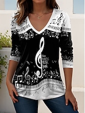 abordables T-shirt Art &amp; Design-Festival de musique Femmes T-shirt Graphique Musique ancien Élégant Classique manche longue Col en V Hauts Réguliers Quotidien Sortir Week-end Imprimé Noir et blanc Noir Blanche Printemps Automne