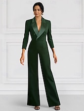 billiga Mammas jumpsuits-Svart Blazer Jumpsuit Mor till bruden Bröllopsgäst Elegant Minimalistisk Krage Golvlängd Stretchtyg Lång ärm med knappar Enfärgad