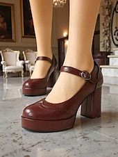 cheap 1950s-Women&#039;s Apricot Mary Jane Platform Pumps - 1950s Retro Chunky Heel Shoes with Brogue Detailing and Adjustable Strap for Office, Tea Parties, and Daily Wear