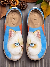 tanie Mokasyny i trzewiki damskie-Kolorowe, wsuwane buty damskie Cat by Kayomi Harai z nadrukiem kota – urocze, codzienne mokasyny dla miłośniczek kotów, idealne na co dzień, w podróż i na weekendowe wyjścia