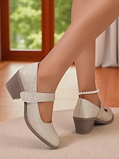 ieftine Block Heels-Pantofi Mary Jane cu toc bloc și sclipici pentru femei – tocuri joase aurii confortabile, cu bareta cu velcro, pentru purtare zilnică, evenimente școlare și ținute de inspirație retro