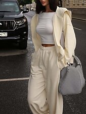 abordables Survêtements pour femmes-Femmes Mode Streetwear Survêtement Ensembles de Pantalons manche longue À capuche Uni Fermeture éclair Tenue quotidienne Date Rose Claire Rouge Bordeaux Beige Printemps &amp; Automne Coupe régulière