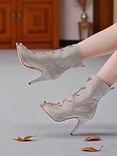 abordables Bottines de danse-Bottines de danse à bout ouvert et strass pour femmes - bottines à talons courts et lacets scintillants pour les spectacles de salon et de scène latins