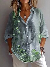 abordables Tops Boho-Femmes Chemise A Ombre Fleuri Graphique ancien Quotidien Élégant manche longue Col en V Col de chemise Hauts Réguliers Travail Quotidien Fête Boutons Imprimé Vert cendré Bleu Violet Été Printemps