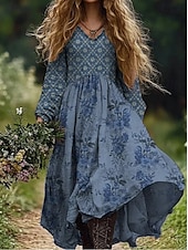 abordables Robes fleuries-Femmes Robe maxi Robe d&#039;Été Robe Plissée Vacances Occasionnel Boho Sortir Plage Fleuri Graphique Paisley manche longue Col en V Vert foncé Vin Gris foncé Bleu Été Printemps