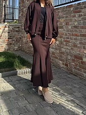 abordables Ensembles chemisiers pour femmes-Femmes Robe Ensemble Robe d&#039;été Robe Midi Occasionnel Uni Fermeture éclair Robe maxi manche longue Col en V Extérieur Date Noir Vin Café Été Coupe Ample