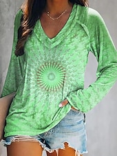 ieftine tricou boho-Pentru femei Tricou Grafic Geometrie Epocă Stilat Clasic Manșon Lung În V Topuri obișnuite Zilnic Sfârșit de săptămână Imprimeu Verde Deschis Roz Îmbujorat Albastru piscină Portocaliu Trifoi
