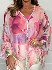 cheap Floral Tops-Women&#039;s Shirt Chiffon Tops Floral Stylish Modern Long Sleeve Shirt Collar Regular Tops Daily Holiday Buttons Print Black Yellow Pink Royal Blue Blue Spring Fall