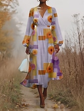 preiswerte Kunst &amp; Design Kleid-Damen Midikleid Freizeitkleid Chiffon Schwingkleid Modern Urlaub Täglich Wochenende Normale Passform Blumen Karomuster Langarm V Ausschnitt Purpur Grün Grau Sommer Frühling Herbst