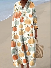 preiswerte Halloweenkleid-Halloween Damen Maxikleid Sommerkleid A-Linien-Kleid Urlaub Casual Boho Party Ausgehen Strand lockere Passform Grafik Langarm V-Ausschnitt Orange Off-White Grau Sommer Frühling Herbst