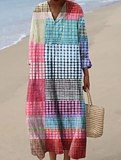 economico Abiti a Strisce e Geometrici-Per donna Abito Midi Vestito Estivo Abito a trapezio Vacanza Casual Boho Feste Spiaggia Vestibilità comoda Grafico Geometrico Plaid Manica Lunga Scollo a V Giallo Rosa Arancione Verde Estate