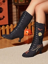 levne Pro ženy-Dámské gotické halloweenské vyšívané šněrovací boty - vintage styl černého kostýmu čarodějnice z roku 1900, podpatky do půli lýtek pro cosplay, večírky a tematické akce