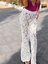 economico Pantaloni a zampa da donna-Per donna Gamba larga Pantaloni a zampa Pantaloni Eleganti Streetwear Casual Lunghezza intera Naturale Semplice Pizzo Elastico in vita Morbido Ferie Abbigliamento quotidiano Weekend Bianco Autunno