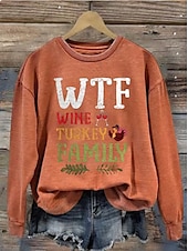 cheap Humor&amp;Quotes Tops-Women&#039;s Casual Wtf Wine Turkey Family Print Hoodies Letter Casual Long Sleeve Round Neck Regular Tops Work White Orange Green Gray Fall Winter