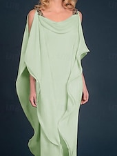 billiga Golvlängd-Strand Bröllop Sheath Mor till Bruden Klänning Bröllop Gäst Elegant Plus Size Juvel Uringning Golvlängd Chiffong Halv Ärmm med Pärlbrodering Kaskad Volanger fri skräddarsydd storlek