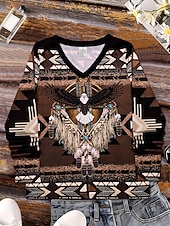 levne Boho tričko-Dámské Tričko Grafika Etno Peří Vinobraní stylové Klasické Dlouhý rukáv Do V Běžné topy Denní Tisk Hnědá Jaro Podzim Zima