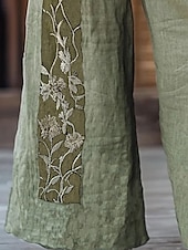 abordables jambe large et taille haute-Femmes Jambe large Pantalons Pantalon palazzo ancien Boho Longueur complète Taille haute Fleur Taille Élastique Impression Respirabilité Confortable Rue Tenue quotidienne Sortir Vert Printemps Automne