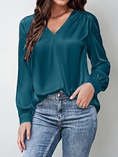 preiswerte Elegante Oberteile-Damen Hemd Bluse Einfach Modern Lässig Langarm V Ausschnitt Normale Oberteile Täglich Ferien Ausgehen Gerafft Schwarz Weiß Gelb Rosa Wein Herbst