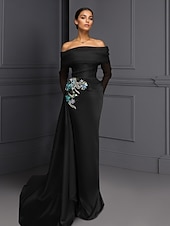 economico Abiti da ballo-abito da sera elegante blu nero con scollo a V, in raso elasticizzato, con spacco arricciato e perline, lunghezza al pavimento, manica lunga, abito formale da sposa 2025