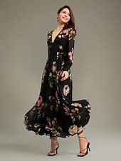 economico Abiti da festa-Abito per invitati in chiffon con volant floreale e maxi scollo a V. Abito per invitati