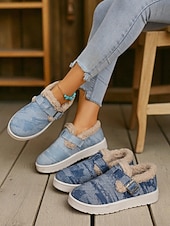 abordables Botas de nieve e invierno-Botines de nieve para mujer con forro polar vaquero: zapatos de invierno cálidos e informales sin cordones con correa de velcro para viajes y paseos al aire libre.