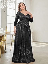 economico Semi-formale / Cocktail-Linea ad A Lunghezza al pavimento Abiti da festa Elegante Manica Lunga Scollo a V Formale Invitato a matrimonio autunnale Con Paillettes con Glitter Paillettes