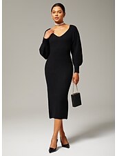 economico Abiti floreali-elegante abito nero in maglia da donna con scollo a cuore, maniche a lanterna che stringono la vita, aderente, elegante, quotidiano, autunno