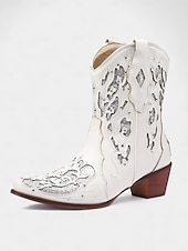 levne Cowboy &amp; Western Boots-Dámské tmavě hnědé krátké kovbojské boty do westernu s bílými vyšívanými vzory, špičatou špičkou a nízkým podpatkem pro country dance a ležérní outfity